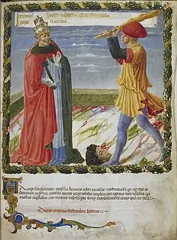An illustration from Vaticinia de Pontificibus, depicting two figures. A Pope and a young man holding a club. There is also a cut off head on the ground.