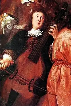 The only surviving portrait of Buxtehude, playing a viol, from A musical party by Johannes Voorhout, 1674