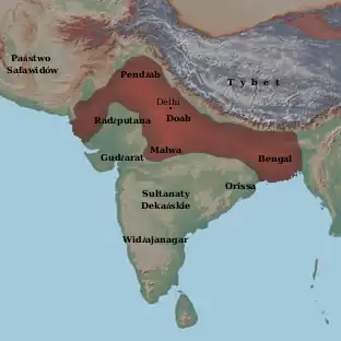 Map of the Sur Empire at its greatest extent under Sher Shah Suri (1540–1545)