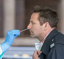 Demonstration of a nose swab (nasopharyngeal swab) for COVID‑19 testing