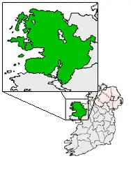 Map showing the Irish County of Mayo, where the townland of Doolough is located, highlighted in green and extracted to a magnified version