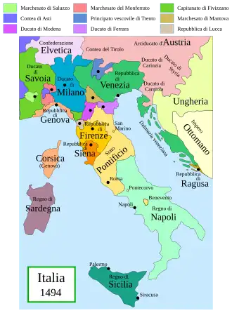 &nbsp;&nbsp; Republic of Siena (in dark orange), on map of Italy at the close of the 15th century