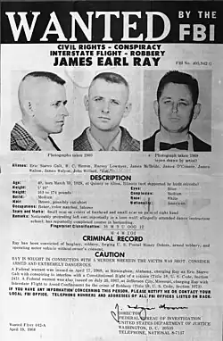 "FBI's Most Wanted" poster for James Earl Ray, who was later convicted of murdering King