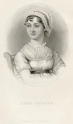 Engraving of woman, showing her seated in a chair. She is wearing a lace cap and an early 19th-century dress.