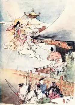 A young woman dressed in a pink kimono recedes on towards a palace the sky surrounded by clouds as people on the ground look on.
