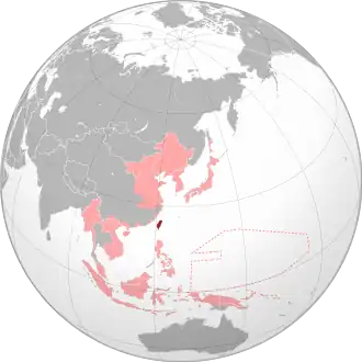 Taiwan (dark red) within the Empire of Japan (light red) at its furthest extent