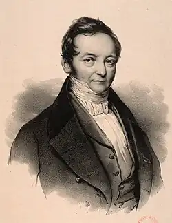 Portrait sketch of the upper half of a man with pale skin and short hair. He is wearing a dress shirt, waistcoat and jacket.