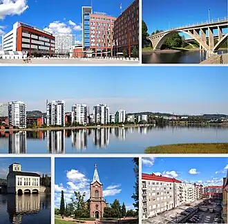 Clockwise from top-left: Lutakko Square, Äijälänsalmi Strait, apartments in Lutakko, a courtyard in downtown Jyväskylä, the Jyväskylä City Church, and the old power station of Vaajakoski