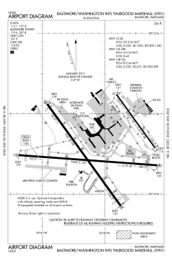 A map with a grid overlay showing the terminals runways and other structures of the airport.