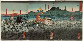 Kajiwara Kagesue, Sasaki Takatsuna, and Hatakeyama Shigetada racing to cross the Uji River before the second battle of Uji during the Genpei War