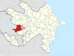 Map of Azerbaijan showing Kalbajar (red) district. Part of the district (light red) is controlled by the self-proclaimed Republic of Artsakh, as part of the local Martakert Province
