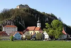 View of the town with the Church of Saint Michael and the castle ruins