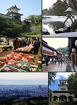 From top left: Gate of Kanazawa Castle, Kenroku-en, Ōmichō Market, Higashi Geisha District, Kanazawa seen from Mt. Kigo, Oyama Shrine