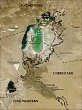 2004 photo of the Aral Sea (The black lines are where it was in 1850)