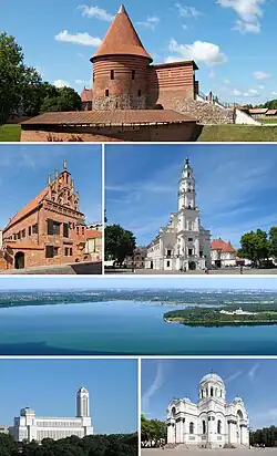 Top to bottom, left to right: Kaunas Castle, House of Perkūnas, Kaunas Town Hall, Kaunas Reservoir, Our Lord Jesus Christ's Resurrection Basilica and Church of Saint Michael the Archangel