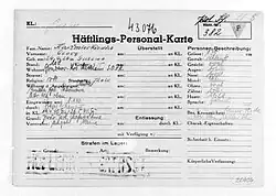 Emblems were also used on some detainee identification cards. At Mauthausen, this card identified the scientist Jerzy Kaźmirkiewicz. The P-triangle on the card marks him as a Polish political enemy