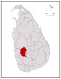 Area map of Kegalle District, roughly oval in shape is located to the south east of the centre of the country, in the Sabaragamuwa Province of Sri Lanka