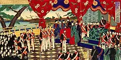 Formal beginning of the Meiji Constitution, 1889. Woodblock print by Toyohara Chikanobu.