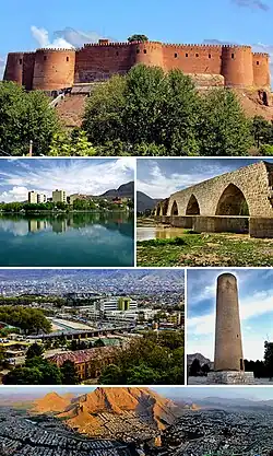 Montage of Khorramabad, Clockwise:Falak-ol-Aflak Castle, Keeyow lake, Shapuri bridge, View of the Khorramabad city, Brick Minaret, Panorama of the Khorramabad
