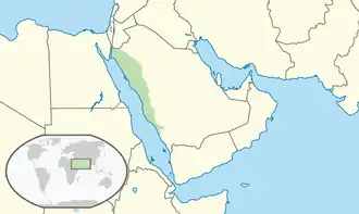 Kingdom of Hejaz (green) within modern-day Saudi Arabia