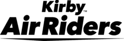 Kirby—a round, pink character—rides his Warp Star—a yellow star-shaped aircraft—with electronic motors in front of a grass background and to the right of the game logo. Other characters are riding separate machines in the background.