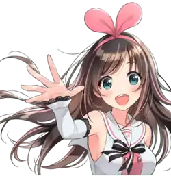 An official image of Kizuna, published through her videos. She is slender in build, has long brown hair, blue eyes, and a fair complexion. Her clothes are white and have pink highlights with black trim.
