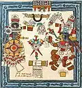 Aztec drawing of Xolotl.  The knife in his mouth is a symbol of death