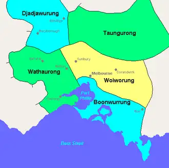 The image is a map of the Melbourne area with coloured areas labelled (in a clockwise direction from the west of Port Philip Bay around to the east: Wathaurong, Djadjawurung', Taungurung, Woiworung, and Boonerwrung.