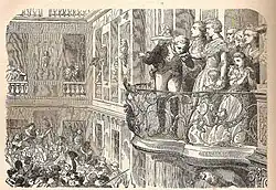 An illustration of Lafayette and the Queen on the balcony with crowds below