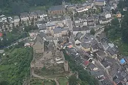 Aerial view of Larochette and its castle