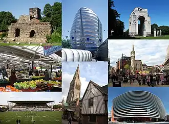 Montage of places in Leicester: (clockwise from top-left) Jewry Wall, National Space Centre, Leicester War Memorial, Central Leicester, Curve theatre, Leicester Cathedral and Guildhall, Welford Road Stadium, Leicester Market