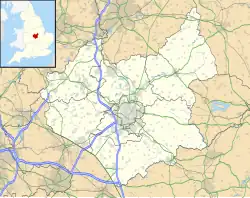 Map of Leicestershire, with a red dot showing the location of Wymeswold