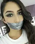 A woman gagged with adhesive tape