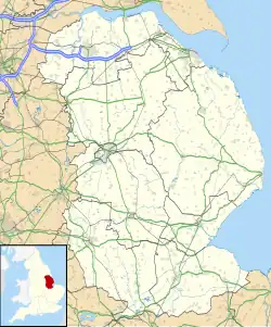 Middle Rasen is shown in red on the cream outline of Lincolnshire, two thirds of the way up and roughly half way across.  It is NE of Lincoln, half way to Grimsby.