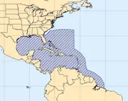 map showing some of the Western Atlantic Ocean and the eastern parts of North America, Central America and the north part of South America, with a shaded area over the water covering Bermuda, Florida, the Gulf of Mexico, all of the Caribbean Sea and south from there to the northern part of the Brazilian coast