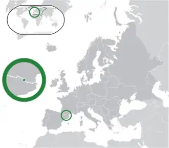 Location of &nbsp;Andorra&nbsp;&nbsp;(centre of green circle)on the European continent&nbsp;&nbsp;(dark grey)&nbsp; —&nbsp; [Legend]