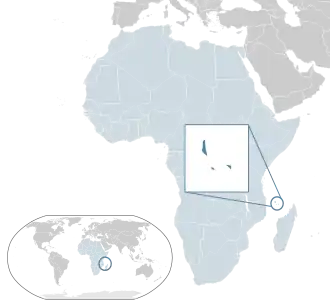 Location of the&nbsp;&nbsp;Comoros&nbsp;&nbsp;(dark blue)–&nbsp;in Africa&nbsp;&nbsp;(light blue &&nbsp;dark grey)–&nbsp;in the African Union&nbsp;&nbsp;(light blue)