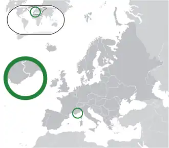 Location of &nbsp;Monaco&nbsp;&nbsp;(green)on the European continent&nbsp;&nbsp;(green & dark grey)