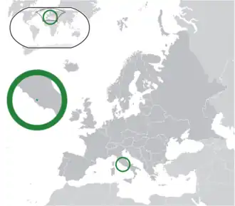 Location of &nbsp;Vatican City&nbsp;&nbsp;(green)on the European continent&nbsp;&nbsp;(dark grey)&nbsp; —&nbsp; [Legend]