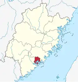 Location of Xiamen City jurisdiction in Fujian