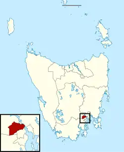 Map of the Tasmanian Legislative Council divisions, Elwick highlighted in crimson.