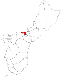 Location of Agana within the Territory of Guam.