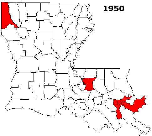 Louisiana parishes classified as part of a Metropolitan Statistical Area from 1950 to the present.
