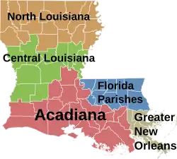 The Central Louisiana region is shaded in green.