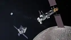 An artist's picture of a spacecraft approaching a space station in orbit around the Moon, with the Earth visible in the distant background.