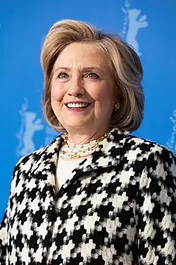 Clinton speaking at an event in Des Moines, Iowa, during her 2016 presidential campaign