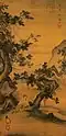 13th C. work of the Chinese painter Ma Lin. The person at the back, of greater importance, is larger. The trees in the form of an X adds to his significance.