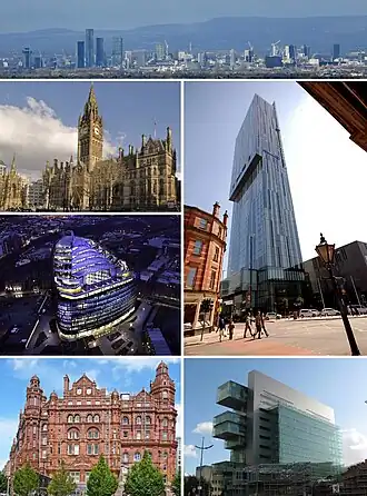 Clockwise from top: Skyline of Manchester City Centre, Beetham Tower, Manchester Civil Justice Centre, Midland Hotel, One Angel Square, Manchester Town Hall