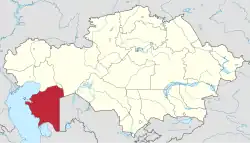Map of Kazakhstan, location of Mangystau Province highlighted