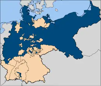 Prussia (in blue) at its height as the leading state of the German Empire